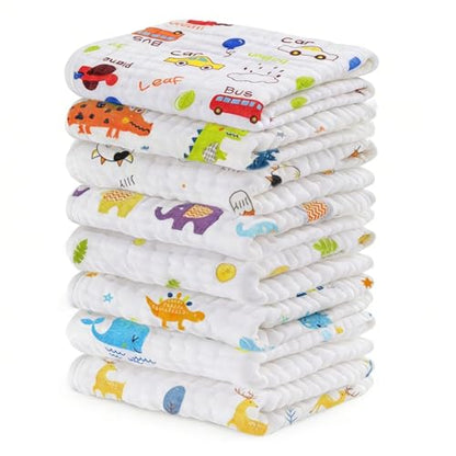 MALOMME Muslin Baby Washcloth 8 Pack - Soft & Absorbent Washcloth 6 Layer Natural Cotton Wash Cloths for Newborn Infant Toddler 10”x10” Large Gentle Face Towel for Sensitive Skin - Multi Pattens