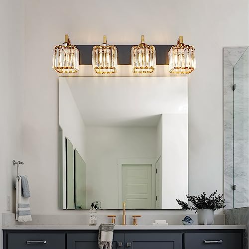 Modern Bathroom Vanity Light 4-Lights Black Gold Crystal Wall Lamp Bathroom Modern Crystal Vanity Lighting - color: Black+Gold Crooked, size: 4-light