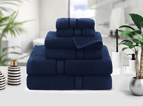 COTTON CRAFT Ultra Soft 6 Piece Towel Set - 100% Cotton Towels - Navy | Absorbent 580 GSM Quick Dry Everyday Premium Luxurious Bathroom Towels - 2 Large Bath Towels, 2 Hand Towels, 2 Washcloths - color: Night Sky, size: 6 Piece Towel Set