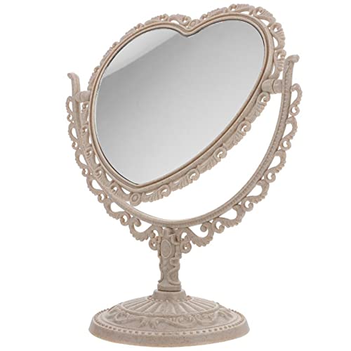 AKOAK Heart-Shaped Cosmetic Mirror - Plastic, Double-Sided, Rotatable, Lightweight Tabletop Makeup Mirror for Bathroom & Bedroom (Beige) | Plastic, Double-Sided, Rotatable, Lightweight Tabletop - color: Beige