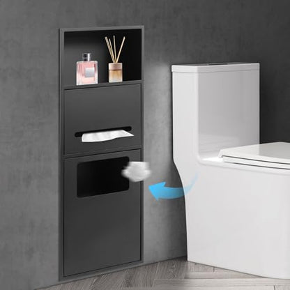 Recessed Stainless Steel Toilet Paper Holder, In-Wall Waterproof Bathroom Organizer with Trash Bin, Toilet Paper Toiletries Storage Rack 10.5 x 27 x 5.3 inches (Black) - color: Black