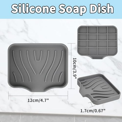 2 Pack Silicone Soap Dish with Drain, Self Draining Bar Soap Holder for Shower, Silicone Dish Soap Tray, Bathroom and Kitchen Sink Organizer, Grey - color: Grey