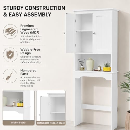 66" H White Bathroom Cabinet Over Toilet with Doors; Adjustable Shelf Bathroom Organizer Unit Featuring Freestanding MDF Wood Over the Toilet Cabinet Frame for Restroom (A) - color: A