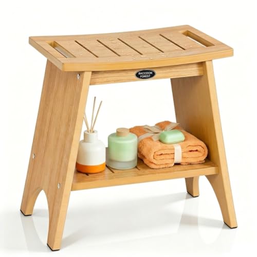 HDPS Shower Benches for Inside Shower to Sit on, Waterproof Shower Chair with Storage Shelf, Heavy Duty 500-lb Shower Seat, Shower Stool for Shaving Legs, Indoor/Outdoor Use - color: Teak Style
