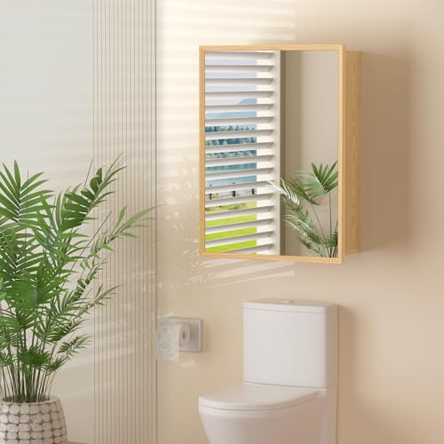 24x30 Inch Wood Medicine Cabinet with Mirror for Bathroom, Oak Finish | Recessed or Wall Mounted Cabinets, Adjustable Shelf, Soft-close Hinges, HD Reflection, Reversible Installation - size: 24x30
