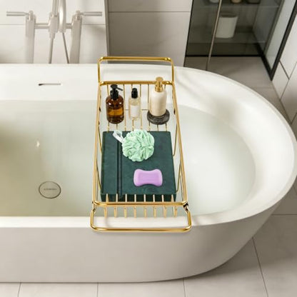 Expandable Bathtub Tray, Stainless Steel Bath Tub Caddy with Marble Base, Adjustable Over Tub Rack with Phone Tablet Holder, Bathtub Organizer (Gold) - color: Gold