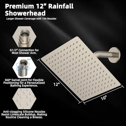 Hibbent All Metal 12 Inch Shower Head, High Pressure Stainless Steel Rain Showerheads, Ultra-thin Bathroom Rainfall Showerhead, Adjustable Brass Ball Joint, Silicone Nozzles, Brushed Nickel - color: Brushed Nickel, size: 12 Inch