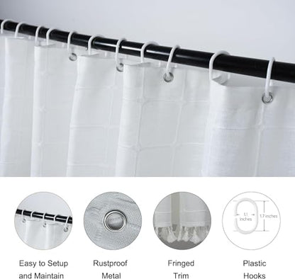 White Striped Farmhouse Shower Curtain Boho Plaid Fabric Shower Curtains for Bathroom, Country Heavy Duty Thick Bathroom Curtain Set with Tassel - Bohemian Cloth Shower Curtain with Hooks 59x71 Inch - color: White, size: 59"W x 71"L (Pack of 1)