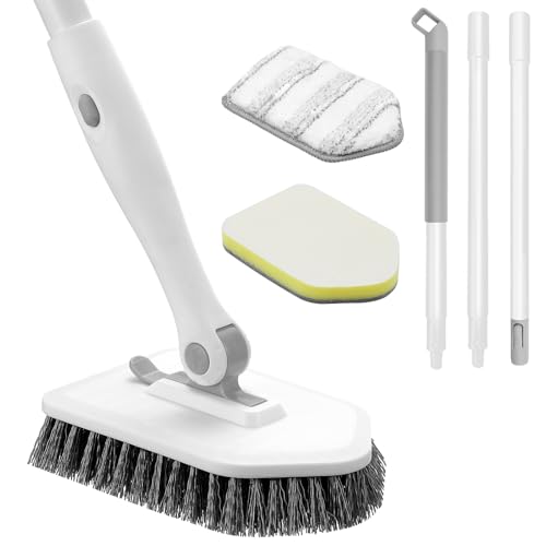 nacena Shower Scrubber with Long Handle, 3 in 1 Tile Tub Scrubber Brush with 3 Detachable Cleaning Heads Adjustable Handle Shower Cleaner Brush for Bathroom, Kitchen, Toilet, Wall, Sink, Grey White