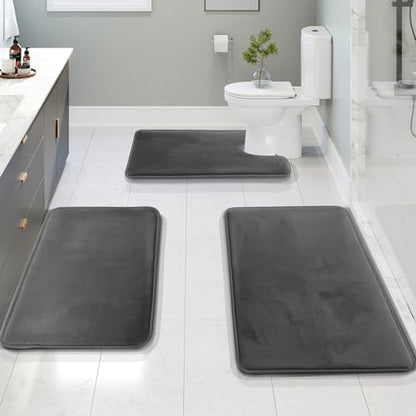 Clara Clark 3 Piece Bathroom Rugs Bath Mat Set, Velvet Memory Foam Bath Mats for Bathroom - Non-Slip, PVC Backing Bath Rugs, Washable - Dries Quickly, Grey - color: Dark Grey