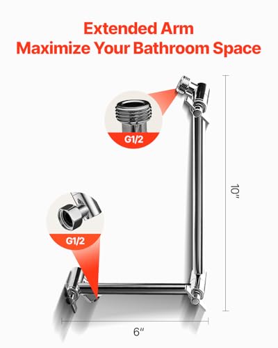 VEVOR Shower Head Extension Arm, 16 inches, Brass Shower Arm Extender with Flexible Adjustable Angle Height, Chrome Finish, G1/2 Universal Thread Connector Compatible, for Rain & Handheld Showerhead - size: 16''
