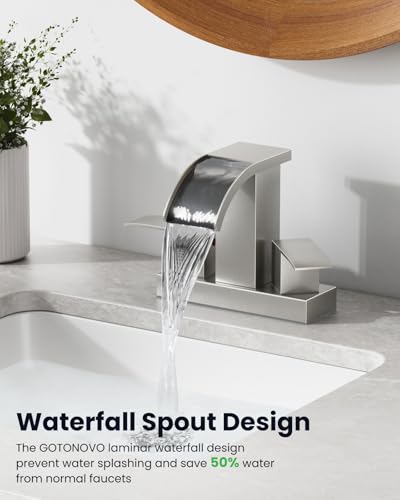 gotonovo Waterfall 4’’ Centerset Bathroom Sink Faucet Brushed Nickel | 2 Handle Bathroom Faucet,SUS304,2 or 3 Hole,2.17’’ Wide Spout,24’’ cUPC Water Line,Pop Up Drain,Vanity,RV,Lavatory Modern Tap - color: Nickel