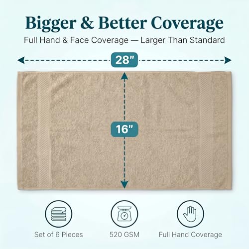 Sofea Hand Towels 6 Pack (16 x 28 Inches) 100% Cotton Bathroom Towels, Soft Absorbent Quick Dry Hand Towels for Bathroom Kitchen - color: Beige