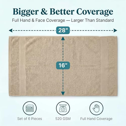 Sofea Hand Towels 6 Pack (16 x 28 Inches) 100% Cotton Bathroom Towels, Soft Absorbent Quick Dry Hand Towels for Bathroom Kitchen - color: Beige