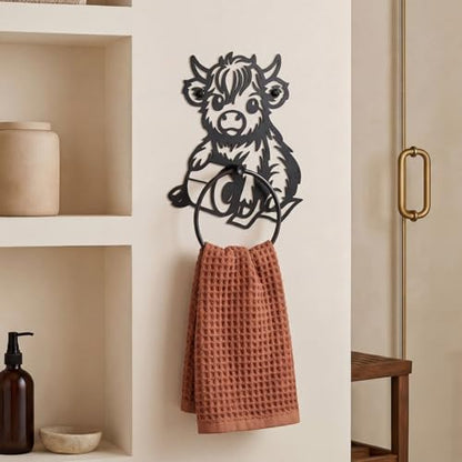 Pelopy Highland Cow Towel Holder Ring for Bathroom Cute Metal Cow Towel Hanger Wall Mounted Farmhouse Heavy Duty Hand Cloth Holder Round Washcloth Racks for Bathroom Kitchen Home Decor Gift - style: Highland Cow