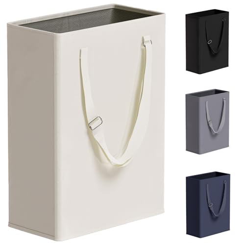 45L Slim Laundry Hamper with Adjustable Long Handles & Mesh Top, Beige | Small Laundry Baskets with Mesh Top, Narrow Dirty Clothes Hamper for Bedroom, Closet, and Bathroom - color: Beige, size: 45L