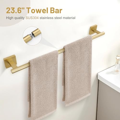 Lairuier Bathroom Hardware Set Brushed Gold, Towel Holder Set Wall Mounted | Bathroom Accessories Set, SUS304 Stainless Steel 23.6" Towel Bar, Toilet Paper Holder with Shelf, Towel Ring and Towel Hooks - color: Brushed Gold, size: 5 Pieces - With Shelf