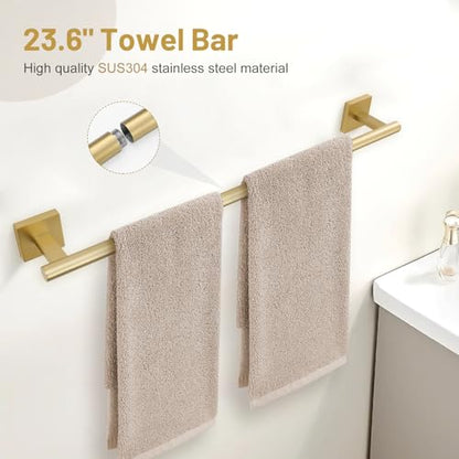 Lairuier Bathroom Hardware Set Brushed Gold, Towel Holder Set Wall Mounted | Bathroom Accessories Set, SUS304 Stainless Steel 23.6" Towel Bar, Toilet Paper Holder with Shelf, Towel Ring and Towel Hooks - color: Brushed Gold, size: 5 Pieces - With Shelf