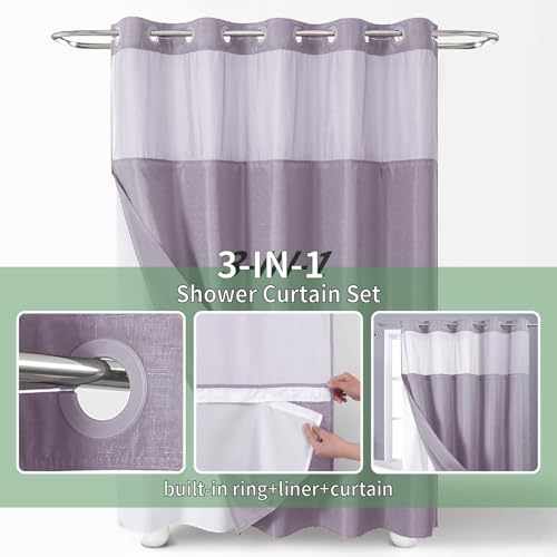 eachope Lavender No Hook Shower Curtain with Snap-in Fabric Liner Set,Slub Textured Fabric Shower Curtains for Bathroom,Hotel Style Modern Shower Curtain,Water Repellent & Washable,71x74(72) - color: Lavender, size: 71"W x 74"L (Pack of 1)
