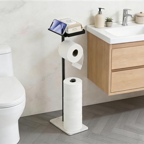 ZUNTO Freestanding Toilet Paper Holder with Top Storage Shelf for Wet Wipe, Phone or Other Small Items, Tissue Roll Dispenser Stand with Marble Base, Bathroom Toilet Roll Holder for Extra 3 Rolls