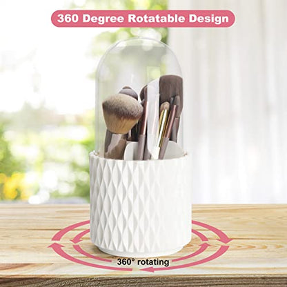 Makeup Brush Holder Organizer with Lid -360° Rotating Dustproof Make Up Brushes Container with Clear Acrylic Cover, Spinning Cosmetics Holders Storage Cup with 5 Compartment - color: White+Lid