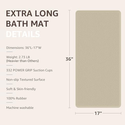 OTHWAY Bathtub Mat Non Slip, Extra Long Rubber Bath Mat for Tub, Machine Washable Shower Anti Slip Mat with 332 Strong Suction Cups (Brown, 36" x 17") - color: Brown, size: 36" x 17" (Rectangular)