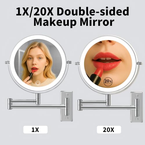 1X/20X Wall Mount Makeup Mirror with Lights and Magnification, Chrome | 8" Double Sided Wall Mounted Magnifying Mirror with 360° Swivel Extension Arm, Dimmable, Rechargeable, Touch Control, Silver - color: Chrome