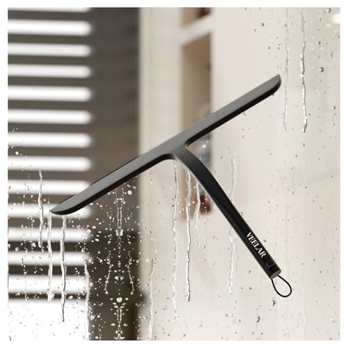 Shower Squeegee for Shower Glass, Bathroom Glass Cleaning Tool with Hook Mount, Squeegee for Glass Doors, Window Cleaning, Tile Shower Walls (Black) - color: Black