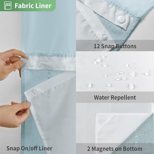 eachope No Hook Extra Long Shower Curtain Set with Snap-in Liner,Linen Textured Thick Striped Fabric with Tassels,Boho Chic Modern Farmhouse Bathroom Curtain,Water-Repellent,Fog Blue,71x86 | Linen Texture,230GSM Thick Fabric,Hotel Luxury Decor,Mesh Window