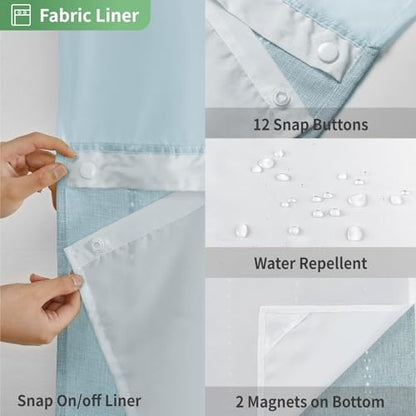 eachope No Hook Extra Long Shower Curtain Set with Snap-in Liner,Linen Textured Thick Striped Fabric with Tassels,Boho Chic Modern Farmhouse Bathroom Curtain,Water-Repellent,Fog Blue,71x86 | Linen Texture,230GSM Thick Fabric,Hotel Luxury Decor,Mesh Window