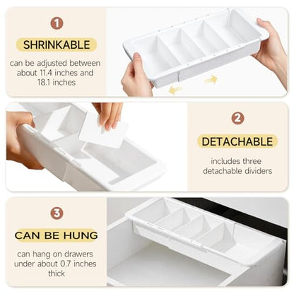 27 Pcs Deep Drawer Organizer Bulk, 2 Expandable Hanging Trays with Plastic Drawer Dividers Organizers, Desk Drawers Organizer Trays for Makeup Kitchen, Bathroom, Office, Bedroom, White