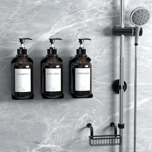 Modern Shampoo and Conditioner Dispenser Wall Mount Set of 3 - No Drill 16oz Bathroom Shower Soap Dispenser Wall Mounted with 6 Labels, Easy to Refill Shower Shampoo Dispenser 3 Chamber - Amber - color: Amber