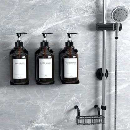 Modern Shampoo and Conditioner Dispenser Wall Mount Set of 3 - No Drill 16oz Bathroom Shower Soap Dispenser Wall Mounted with 6 Labels, Easy to Refill Shower Shampoo Dispenser 3 Chamber - Amber - color: Amber
