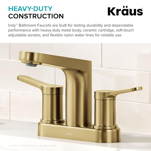 KRAUS Indy Centerset Bathroom Faucet in Spot-Free Brushed Brass with 2 Handles, Pop Up Drain and Supply Lines, FUS-14102SFBB - color: Spot Free Brushed Brass, style: Centerset