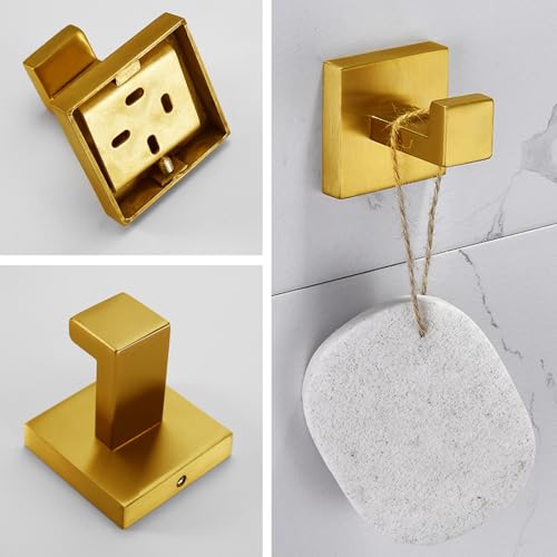Nolimas Towel Hook Stainless Steel Bathroom Rustproof Clothes Towel Coat Hook Wall Mounted Square Toilet Kitchen, Heavy Duty Door Hanger, 4 Pack, Brushed Gold - color: Brushed Gold, size: 4 Pack