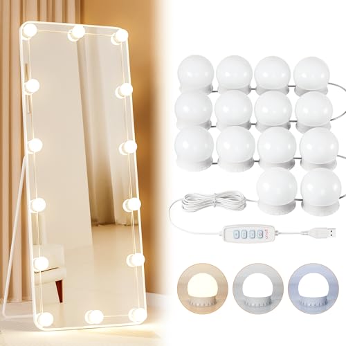 14 Bulbs LED Vanity Lights for Mirror, 3000K 4000K 6500K & 10-Brightness, Wire Length Adjustable, USB Cable, Hollywood Mirror Lights for Makeup Dressing Room Bathroom, White - size: 14 Dimmable Bulbs