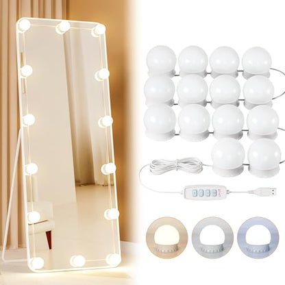14 Bulbs LED Vanity Lights for Mirror, 3000K 4000K 6500K & 10-Brightness, Wire Length Adjustable, USB Cable, Hollywood Mirror Lights for Makeup Dressing Room Bathroom, White - size: 14 Dimmable Bulbs