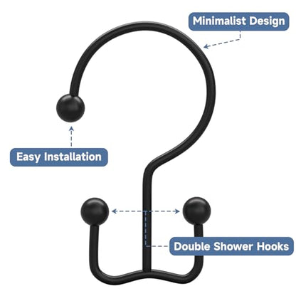 Titanker Shower Curtain Hooks Rings, Rust Resistant Metal Minimalist Simple Double Glide Shower Hooks Rings for Bathroom Shower Rods Curtains, Set of 12 Hooks - Black - color: Black, style: Minimalist
