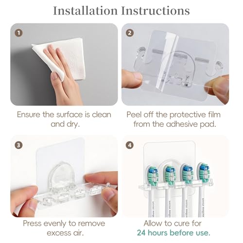Adhesive Toothbrush Holders 2 Pack,4 Slots for Family, Clear | No Drill Wall Mounted, Holds 4 Replacement Heads or Toothbrushes, Quick Dry, Countertop Saver, For Bathroom & RV