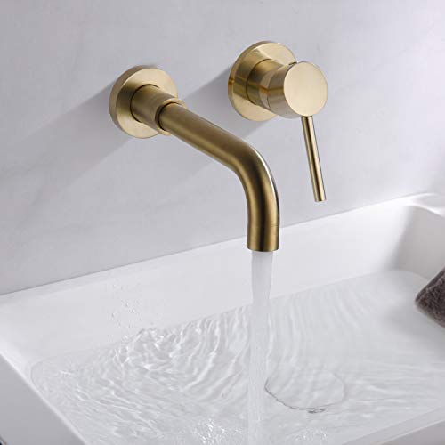 Sumerain Wall Mount Bathroom Faucet Brushed Gold,Single Handle with Brass Rough-in Valve - color: Brushed Gold, size: Right-Handed