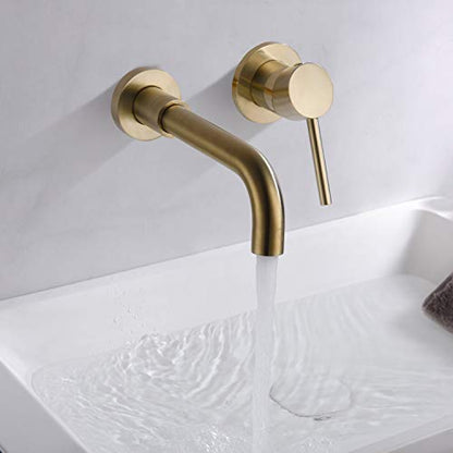 Sumerain Wall Mount Bathroom Faucet Brushed Gold,Single Handle with Brass Rough-in Valve - color: Brushed Gold, size: Right-Handed