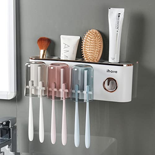 iHave Toothbrush Holders for Bathrooms Wall Mounted with Dispenser & 3 Cups | 9 Slots Wall Mount Toothbrush Holders for Bathrooms with Squeeze Toothpaste Dispenser, 3 Cups & 3 Compartments Organizer - color: White 3 Cups