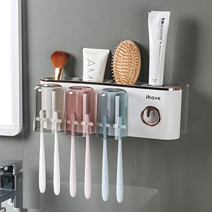 iHave Toothbrush Holders for Bathrooms Wall Mounted with Dispenser & 3 Cups | 9 Slots Wall Mount Toothbrush Holders for Bathrooms with Squeeze Toothpaste Dispenser, 3 Cups & 3 Compartments Organizer - color: White 3 Cups