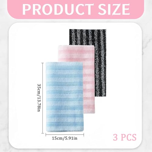 3 PCS Exfoliating Shower Towel, Body Scrubber Set, Dual-Sided Wash Cloth for Smooth Skin, Extra Long Bath Towel in Black Pink Blue Colors