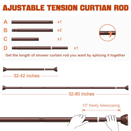 Shower Rod 32-80 Inches, No Drill Tension, Never Rust Anti-Slip Curtain Rod for Bathroom Window, Adjustable Brown - color: brown, size: 32-80 inches