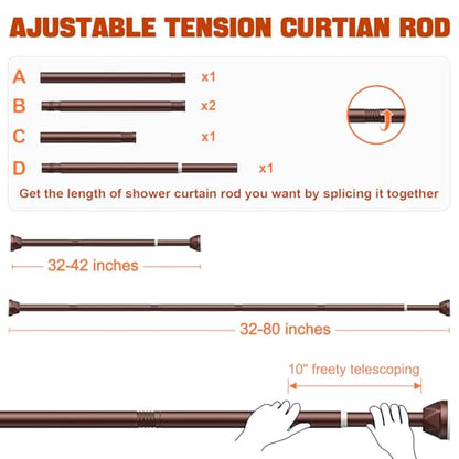 Shower Rod 32-80 Inches, No Drill Tension, Never Rust Anti-Slip Curtain Rod for Bathroom Window, Adjustable Brown - color: brown, size: 32-80 inches