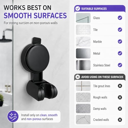 Suction Cup Shower Head Holder, Black, Adjustable, No Drill | Strong Suction Hold, Removable No-Drill Mount, Adjustable Angle for Smooth Tile, Glass, Marble and Metal Surfaces - style: Matte Black-L