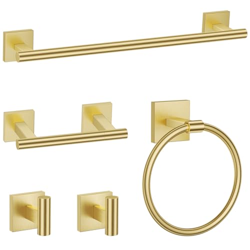 TURS Brushed Gold 5 Piece Bathroom Hardware Accessories Set, SUS304 Stainless Steel Bath Towel Bar Set, 24 Inch Round Bathroom Towel Holder Set Wall Mounted - color: Brushed Gold, size: 5-Pieces Set-A