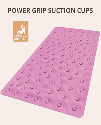 Bligli Bathtub Mat Non Slip, 16x40 inch Extra Long Bath Tub Mat with Strong Suction Cups, Soft Rubber Bathroom Floor Mat, Machine Washable, 100% BPA Free (Pink) - color: Pink, size: 40" x 16" (Rectangular)