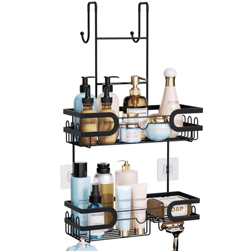 HapiRm Hanging Shower Caddy Over the Door with 14 Hooks and Soap Holder, No Drilling Adhesive Shower Storage, Rustproof & Waterproof Stainless Steel Bathroom Shelves - Black - color: C-Black